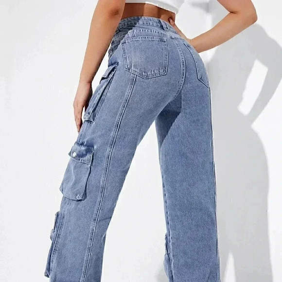 Casual High Waisted Flap Pocket Cargo Jeans Blue - Picture 3 of 5